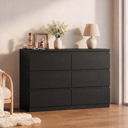 6 Drawer Double Dresser for Bedroom, Modern Simply Chest of Drawers, Wood Storage Dresser with Anti-Tipping for Living Room Hallway Entryway, Nursy Black (15.3" D x 47.2" W x 32.3" H)