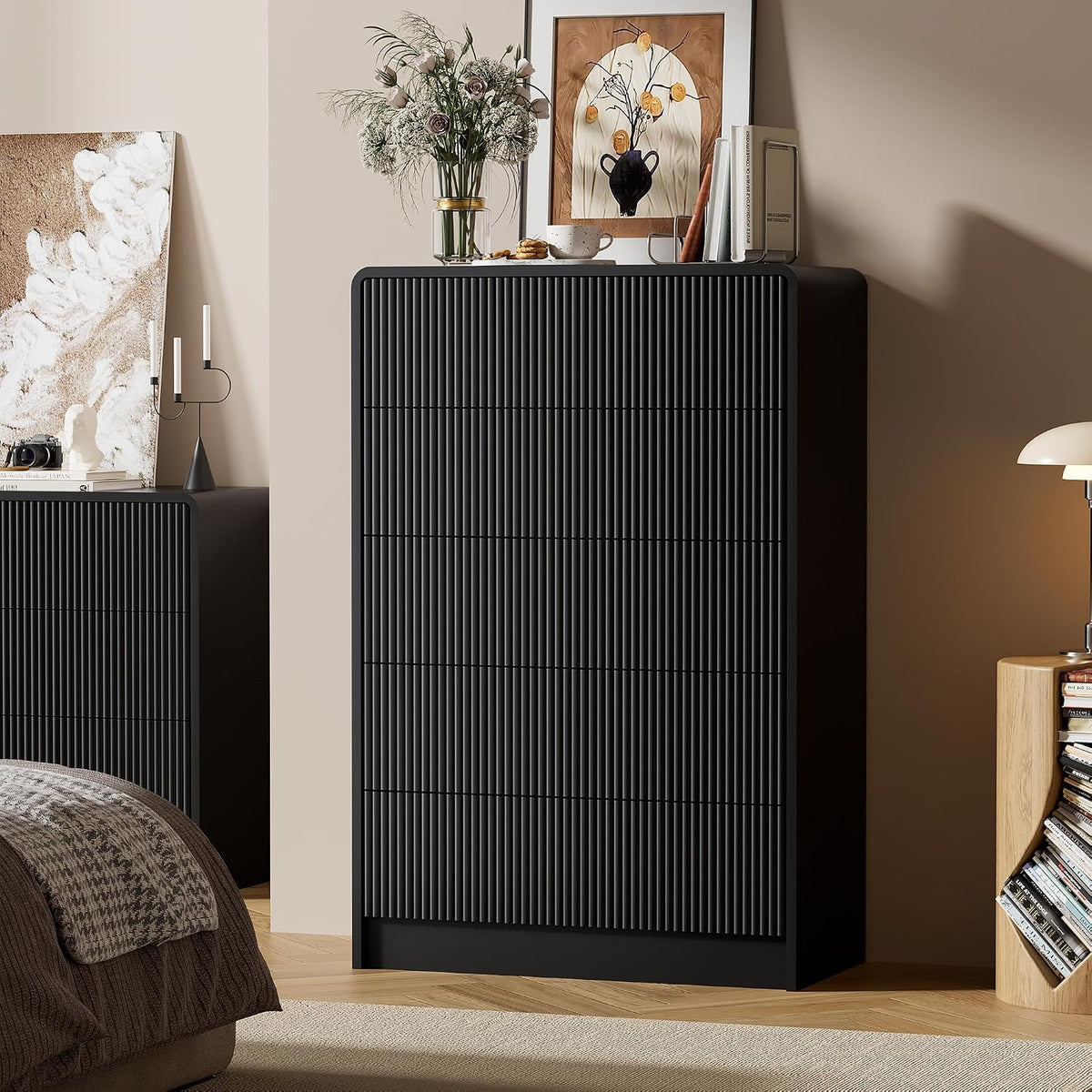 Furniway Black 5 Drawer Dresser for Bedroom, Curved Tall Dresser with Push-to-Open Design, Chest of Drawers for Bedroom, Living Room, Hallway, 15.7”D x 32”W x 47.2”H