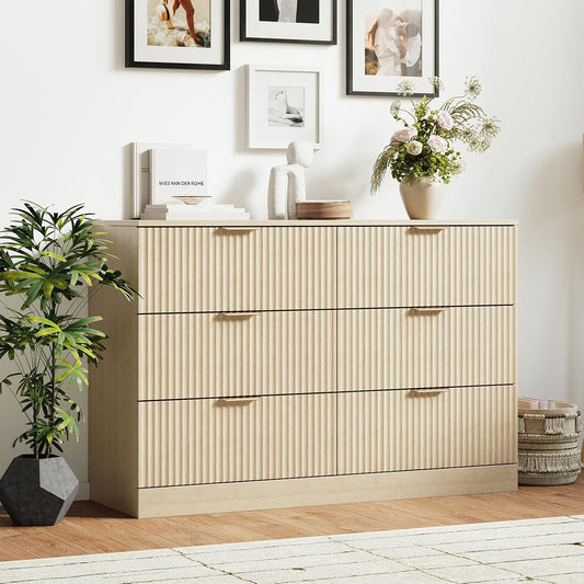 MALOL Modern Fluted 6 Drawer Dresser, Wide Wooden Storage Cabinet with Metal Handles, Silent Glide Drawers, Anti-Tip Chest for Bedroom, Living Room, Natural Wood, 47 Inch