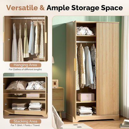 Armoire Wardrobe Closet with Doors, Fluted Wardrobe Armoire,Wooden Closet