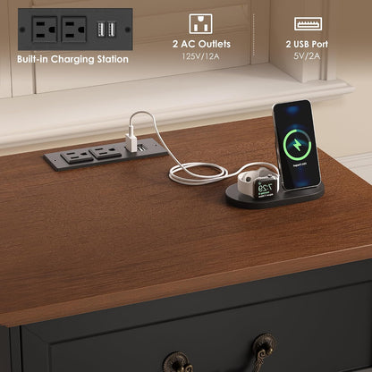 FINETONES Nightstands Set of 2 with Charging Station, 3 Drawer Night Stand