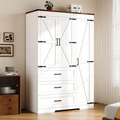 3 Door Armoire Wardrobe Closet Cabinet with 3 Drawers and Drawers, Farmhouse Bedroom Armoire with Hanging Rod and Adjustable Shelves, Large Capacity Storage Wardrobe Armoire for Bedroom, Brown