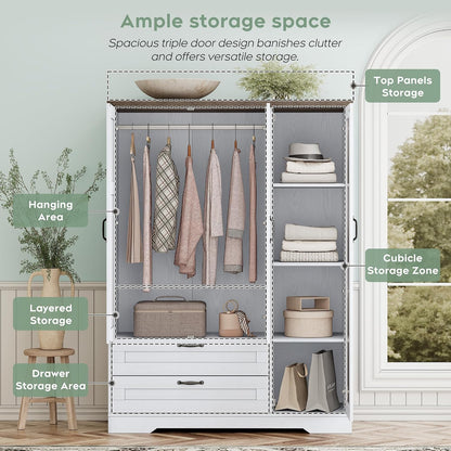 XIAO WEI Armoire Wardrobe Closet with 3 Door, Bedroom Wooden Armoires with Full Length Mirror, Large Clothing Storage Cabinet 2 Drawers, Hanging Rod, Shelves (White, 3 Door)