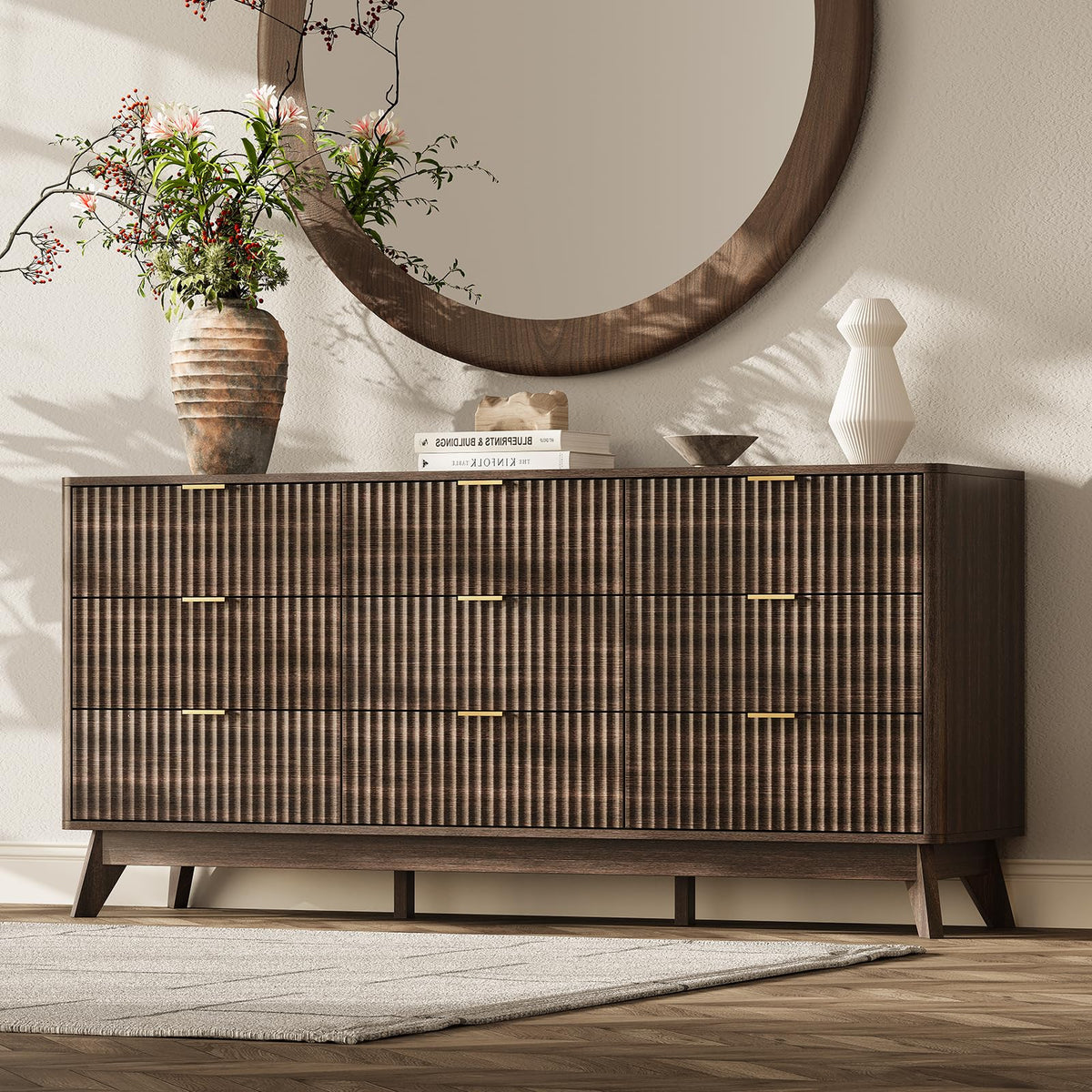 63" Wide Fluted 9 Drawers Dresser for Bedroom,Curved Edge,Oak