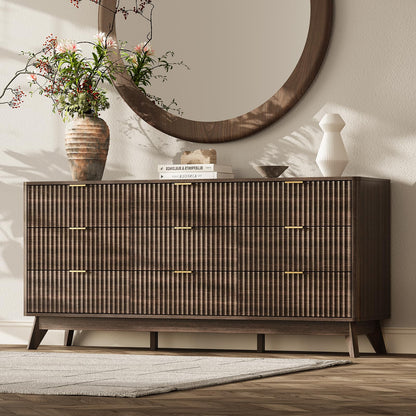 63" Wide Fluted 9 Drawers Dresser for Bedroom,Curved Edge,Oak