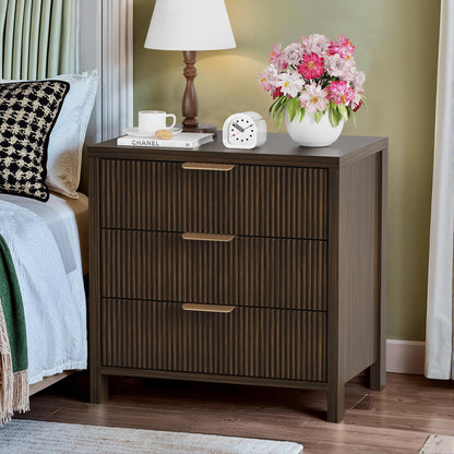 Fluted Nightstands Set of 2, 23.7'' Wide Night Stand with 3 Drawers, Mid-Century Modern Bedside Table with Handles, Wood End Table for Bedroom, Walnut