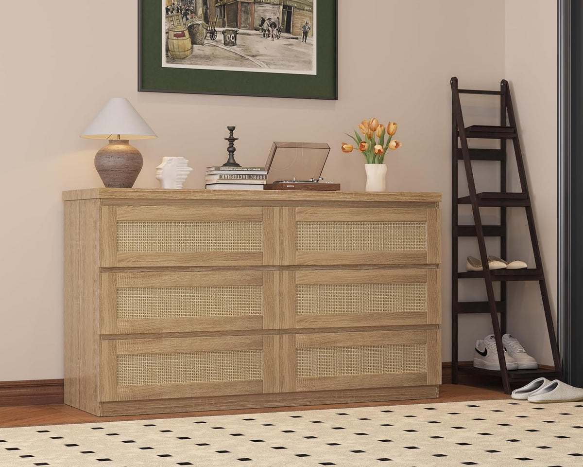 Garvee Rattan 6-Drawer Dresser for Bedroom - Slim Wooden Chest of Drawers, Durable Freestanding Storage Organizer Cabinet for Living Room and Entryway, Oak