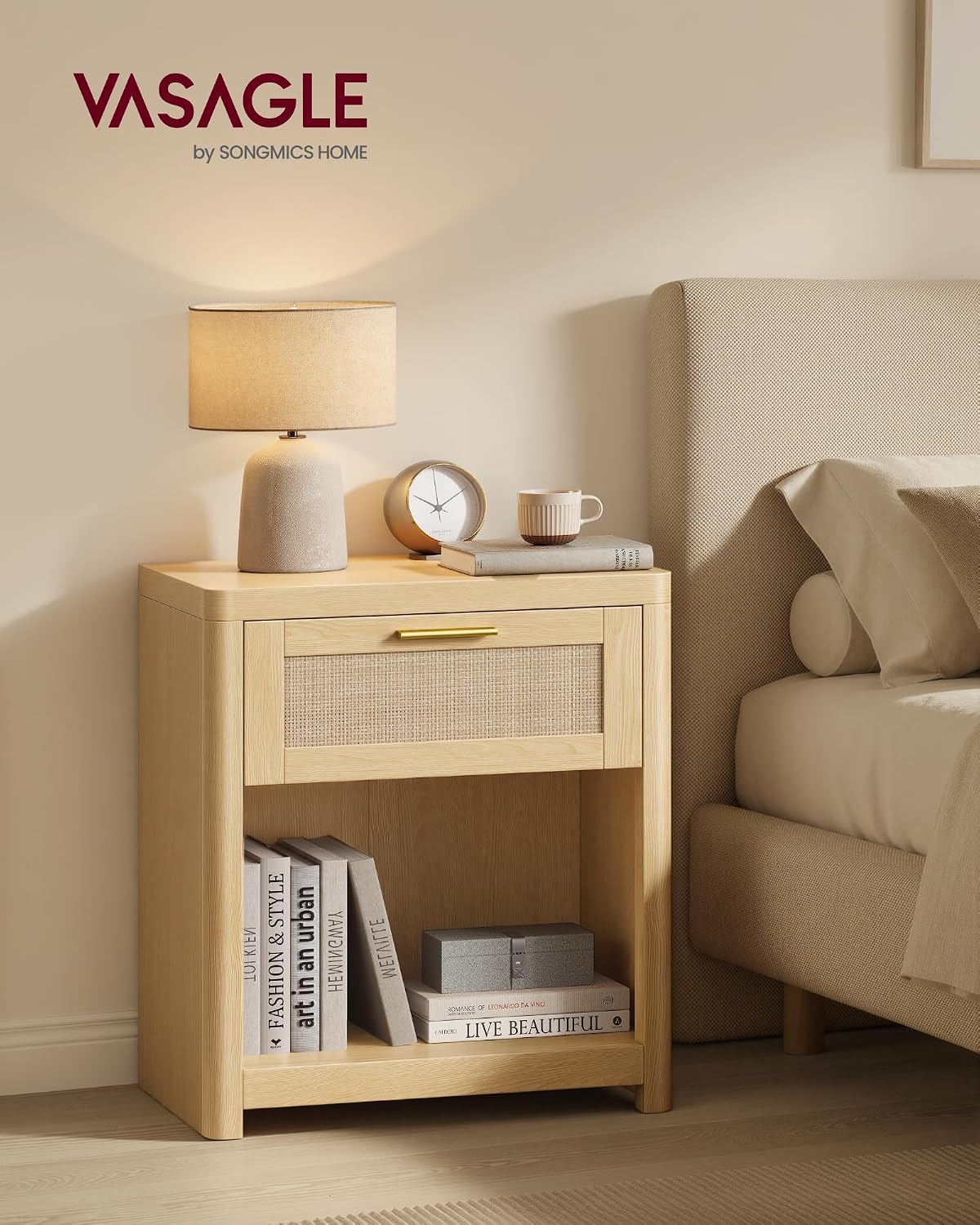 VASAGLE Set of 2 Boho Nightstands with Rattan-Look Drawer