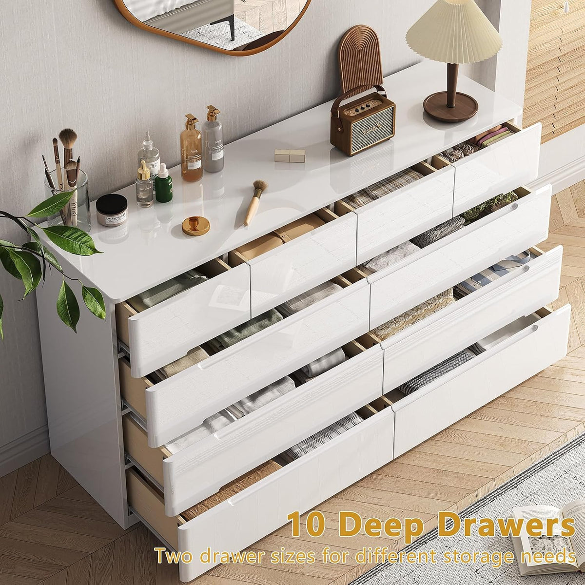 10 Drawer Dresser for Bedroom, 55" Long High Gloss Dresser, White