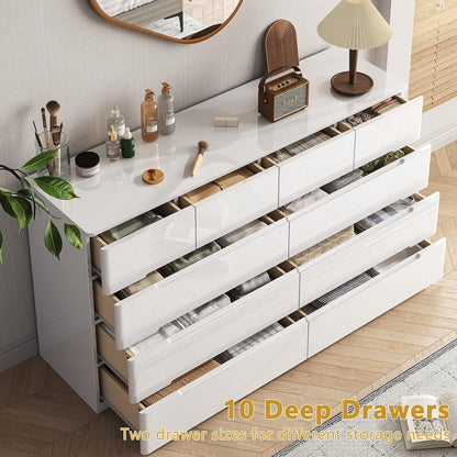 10 Drawer Dresser for Bedroom, 55" Long High Gloss Dresser, White