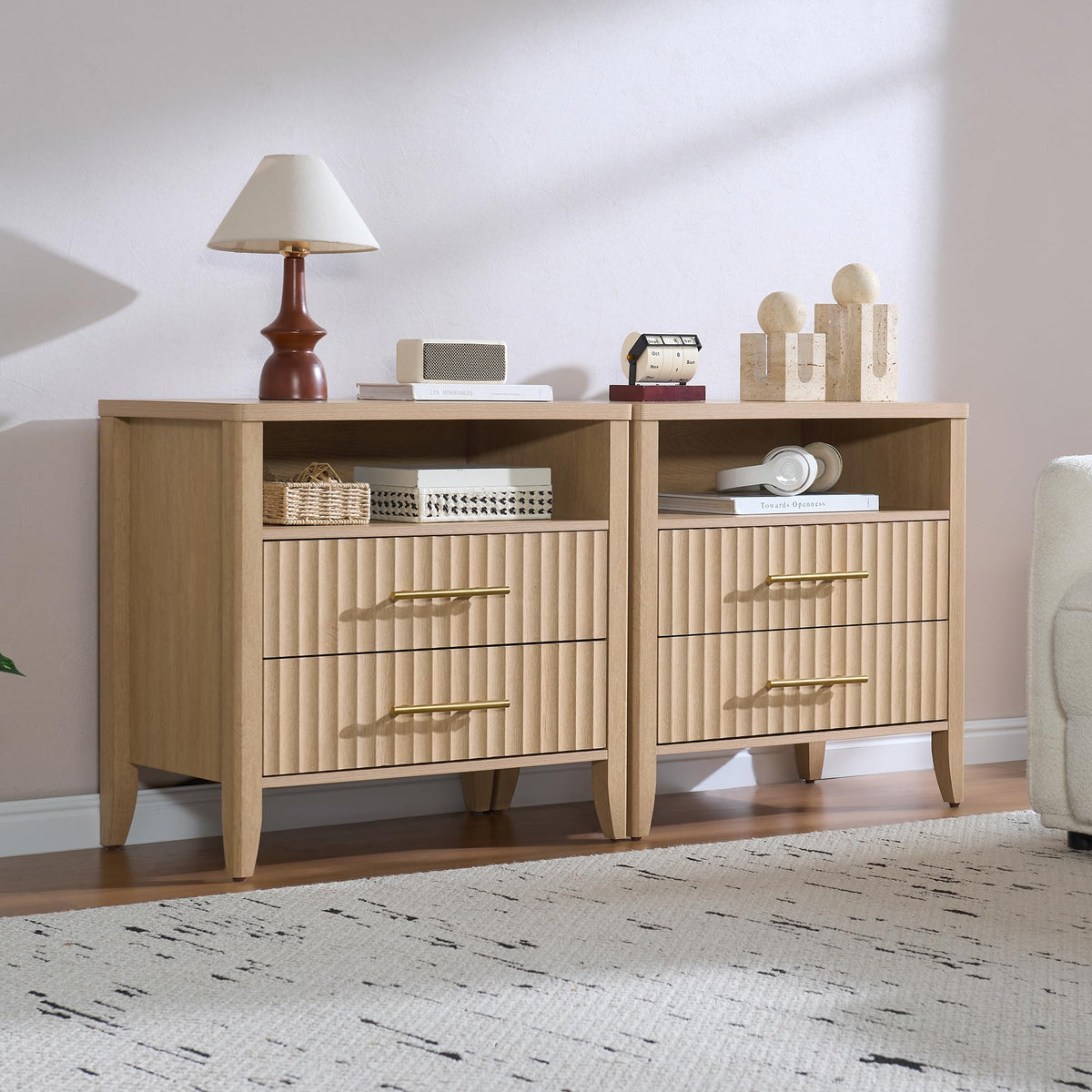 Fluted Nightstand Set of 2 with Charging Station, 23.7" Wide Modern End Table with 2 Drawers, Wooden Bedside Table for Bedroom, Curved Profile Design, Natural