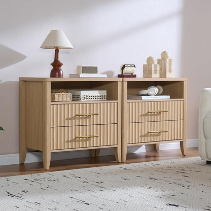 Fluted Nightstand Set of 2 with Charging Station, 23.7" Wide Modern End Table with 2 Drawers, Wooden Bedside Table for Bedroom, Curved Profile Design, Natural