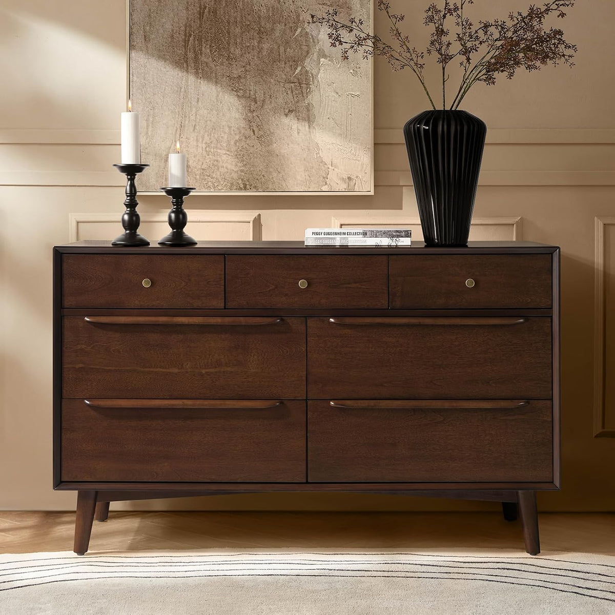 HULALA HOME 7 Drawer Dresser for Bedroom, 52" Wide Mid-Century Modern Chest of Drawers with Built-in Drawer Dividers, Wooden Bedroom Drawer Dresser, Solid Wood Legs with Adjustable Feet(Walnut)