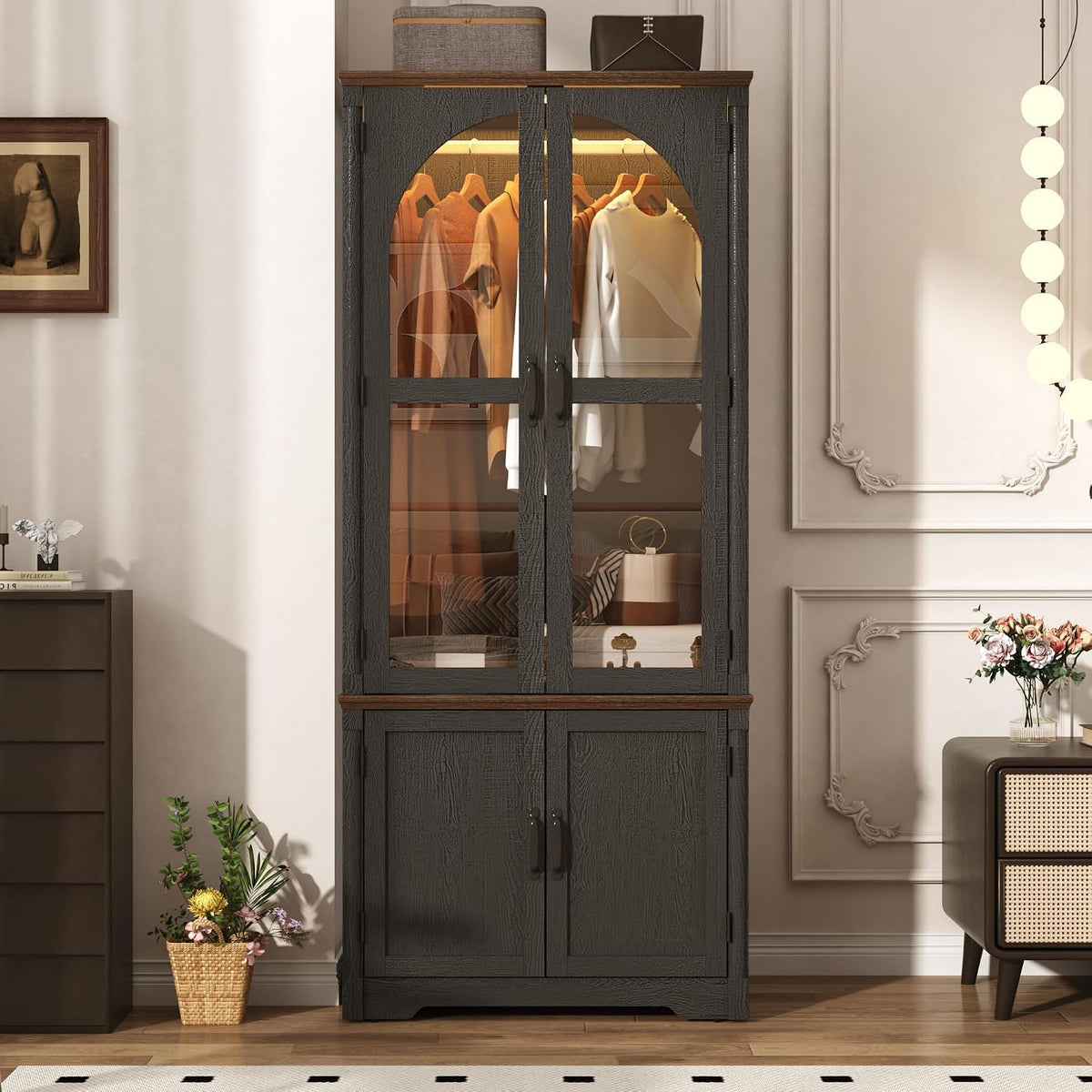 Tall Farmhouse 2 Doors Armoire Wardrobe Closet with LED ,72" Freestanding Arched Wardrobe Closet Cabinet for Bedroom w Glass Doors,Wooden Clothing Storage Cabinet,Closets for Bedroom(Black)