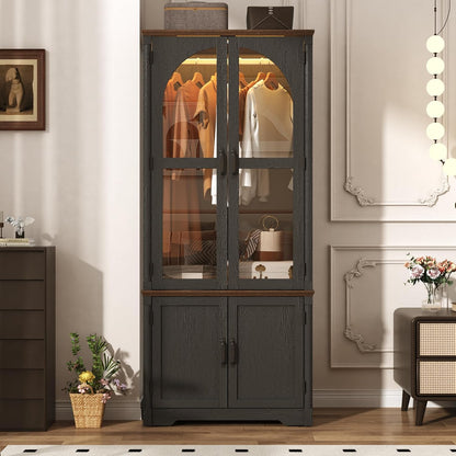 Tall Farmhouse 2 Doors Armoire Wardrobe Closet with LED ,72" Freestanding Arched Wardrobe Closet Cabinet for Bedroom w Glass Doors,Wooden Clothing Storage Cabinet,Closets for Bedroom(Black)