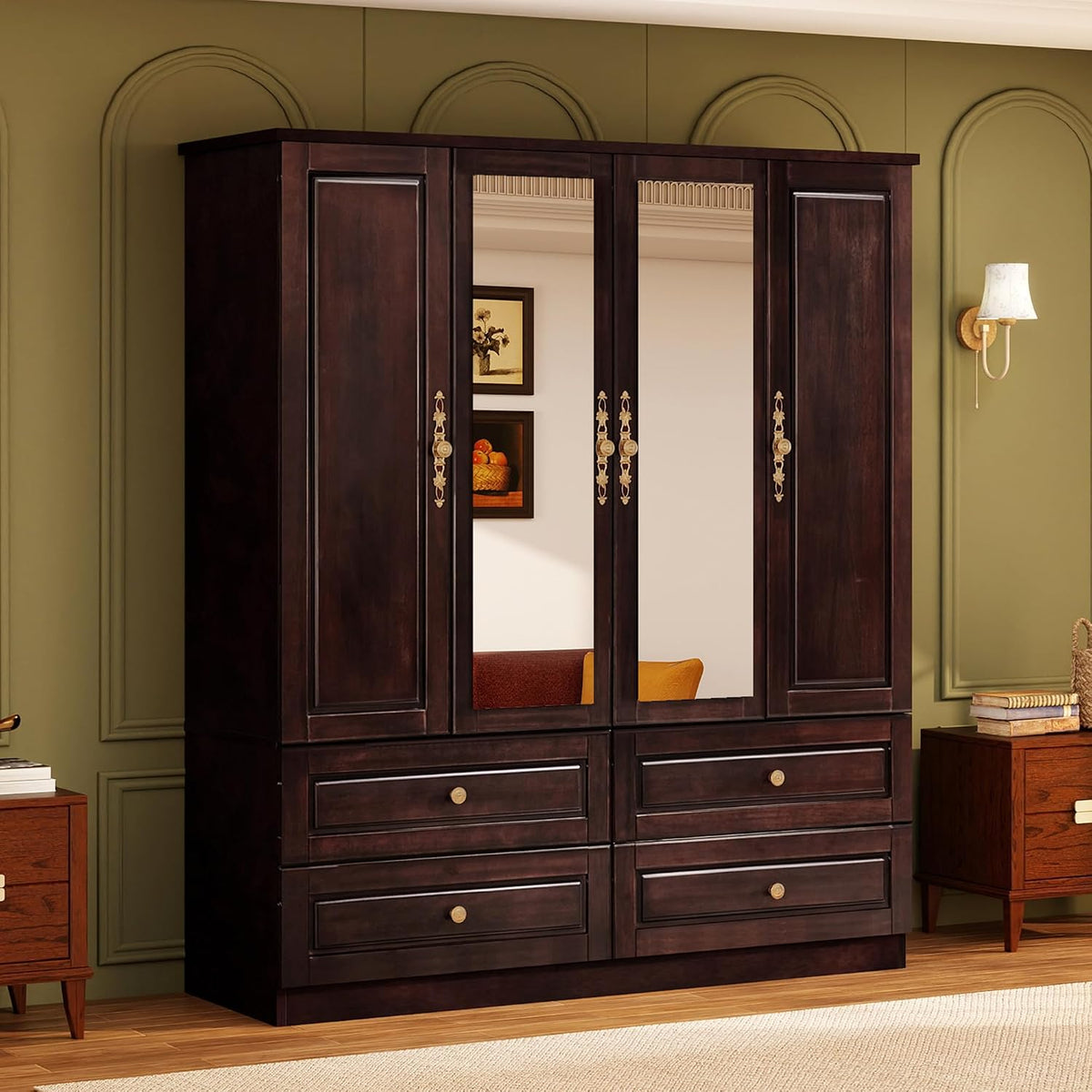 Solid Wood Armoire Wardrobe Closet: 70.87"Large Storage Brown Black