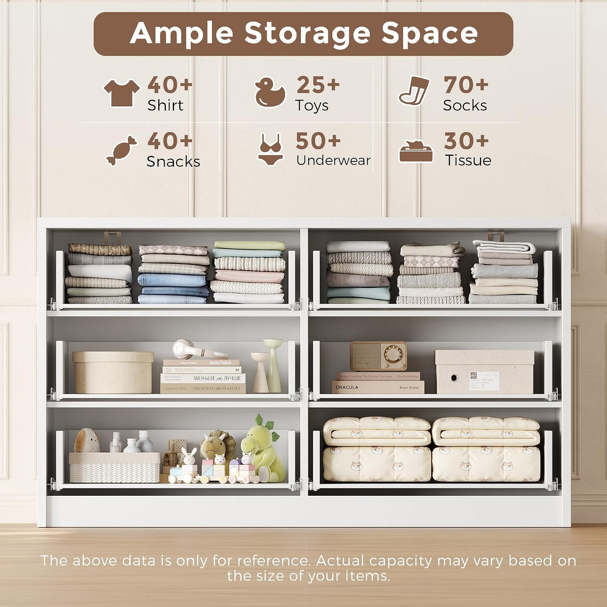MapleGrace 53" Wide 6 Drawer Dresser for Bedroom, Modern Simple Wood Dresser Chest of Drawers Closet Store Organizer for Living Room, Hallway (White, 15.4" D x 53.1" W x 30.9" H (6 Drawers))