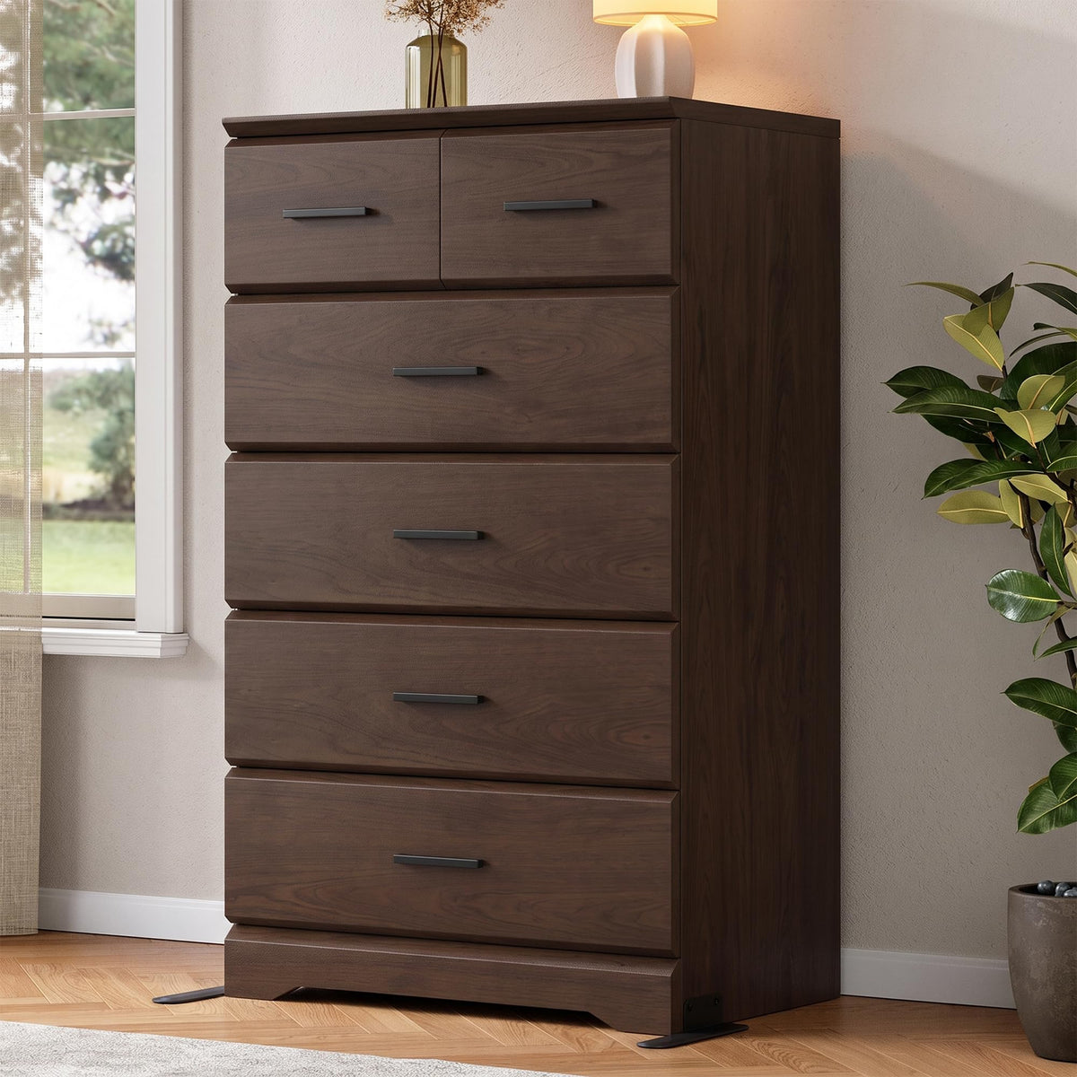 Jocoevol Brown 6 Drawer Dresser for Bedroom, Chest of Drawers with Silver Handle, Wood Storage Dresser with Deep Drawers for Bedroom, Living Room, Hallway Entryway (52.76 * 21.26 * 7.87 in)