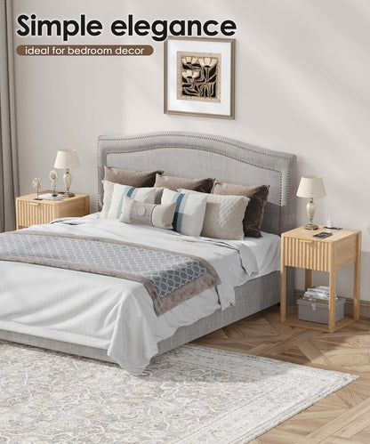 Akxomel Nightstand Set 2 with Charging Station Fluted Bedside Table Oak