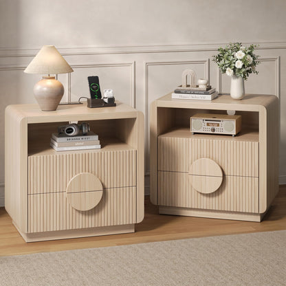 23" Wide Fluted Nightstands Set of 2, Mid Century Bedside Tables with Charging Station, Wood End Table with 2 Drawers and Open Shelf for Bedroom, Home Office, Gray Oak