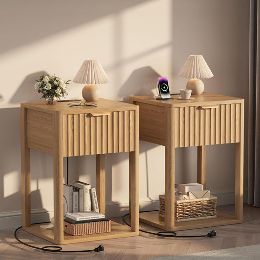 Akxomel Nightstand Set 2 with Charging Station Fluted Bedside Table Oak