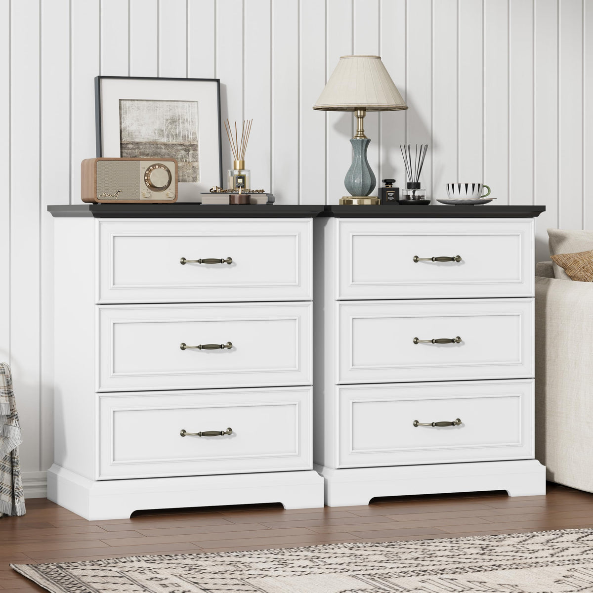 Black Nightstand Set of 2,24" Wide End Table with 3 Large Drawers & Metal Handles,Rustic Farmhouse Wood Small Dresser,Bedside Table,Modern Chest of Drawers for Bedroom,Living Room