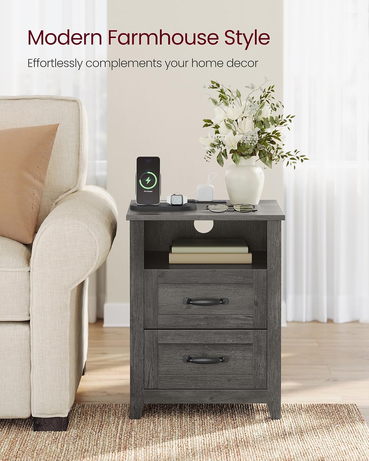 VASAGLE Set of 2 Nightstands with 2 Drawers and Charging Station