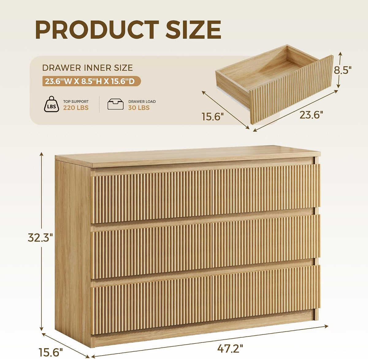 Jocoevol 6 Drawer Fluted Dresser, Modern Chest of Drawers for Bedroom with Hidden Handles, Wood Storage Organizer Cabinet for Living Room & Entryway, Natural Oak (15.7" D x 47.3" W x 31.6" H)