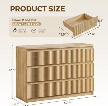 Jocoevol 6 Drawer Fluted Dresser, Modern Chest of Drawers for Bedroom with Hidden Handles, Wood Storage Organizer Cabinet for Living Room & Entryway, Natural Oak (15.7" D x 47.3" W x 31.6" H)