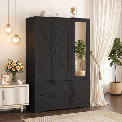 72" Armoire Wardrobe Closet with Mirror Door and LED Lights,Farmhouse Bedroom Armoire with Drawers and Adjustable Shelves,Wooden Armoire Wardrobe Closet with Hanging Rod for Bedroom(Black)