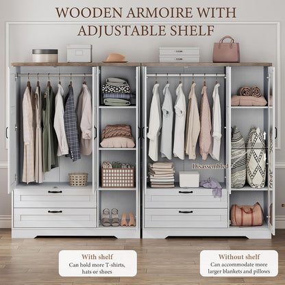 Brafab 62" Wooden Armoire Wardrobe Closet with Mirror, White, 3 Doors
