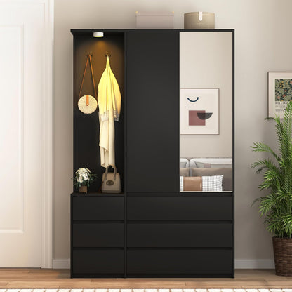 72'' Armoire Wardrobe Closet with Mirror Door & LED Lighting, Large Freestanding Modern Wooden 2 Doors Closet with 6 Drawers & 3 Storage Shelves & Hanging Rod & 2 Hooks for Bedroom (Black)