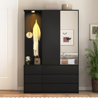 72'' Armoire Wardrobe Closet with Mirror Door & LED Lighting, Large Freestanding Modern Wooden 2 Doors Closet with 6 Drawers & 3 Storage Shelves & Hanging Rod & 2 Hooks for Bedroom (Black)