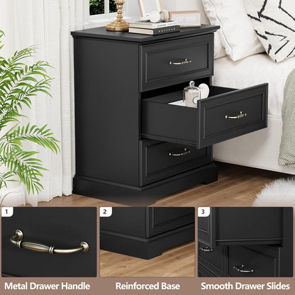 Black Nightstand Set of 2,24" Wide End Table with 3 Large Drawers & Metal Handles,Rustic Farmhouse Wood Small Dresser,Bedside Table,Modern Chest of Drawers for Bedroom,Living Room