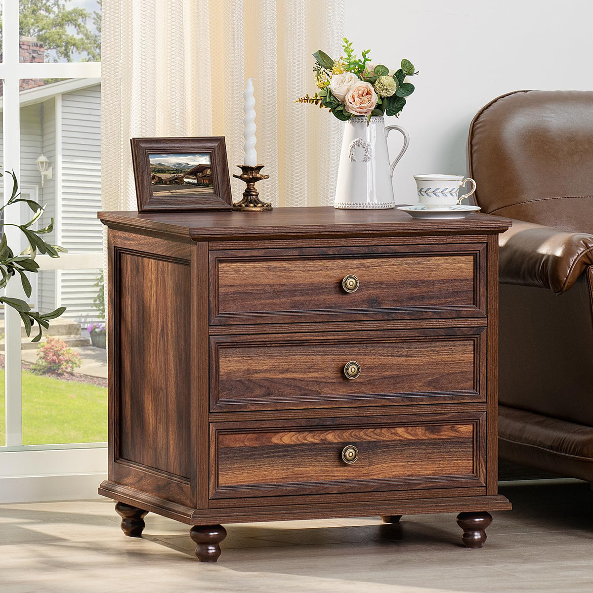 Joaxswe 24" Wide Farmhouse Night Stand Set of 2,Large End Table with 3 Drawers & Metal Handle,Wood Dresser for Bedroom,Bed Side Table Chest of Drawers Cabinet,Natural Nightstand for Living Room,Closet