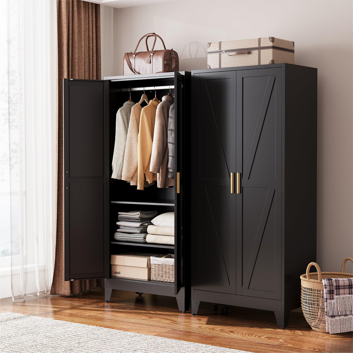 COFaR Peacock Blue Armoire Wardrobe, 71" Metal Closet with Reversible Hanging & Shelving Sections, Freestanding Storage Cabinet with Top Compartment & Adjustable Shelves