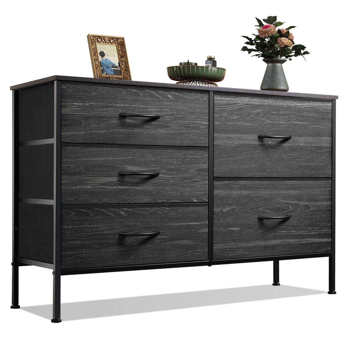 WLIVE Black Dresser for Bedroom, 5 Fabric Chest of Drawers
