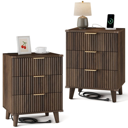 Night Stand Set 2, Fluted Wood Nightstands w/Charging Station for Bedroom
