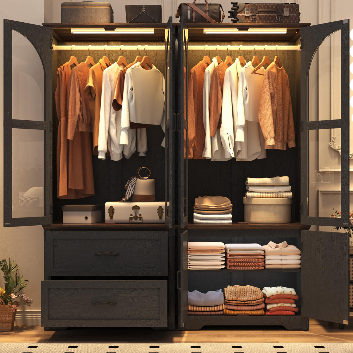 Tall Farmhouse 2 Doors Armoire Wardrobe Closet with LED ,72" Freestanding Arched Wardrobe Closet Cabinet for Bedroom w Glass Doors,Wooden Clothing Storage Cabinet,Closets for Bedroom(Black)