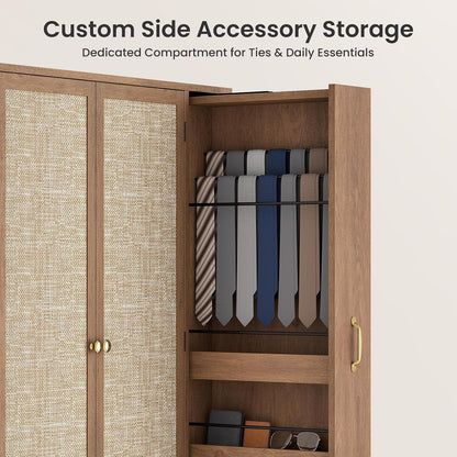 Rattan Wooden Armoire Wardrobe Closet with Pull-Out Side Storage