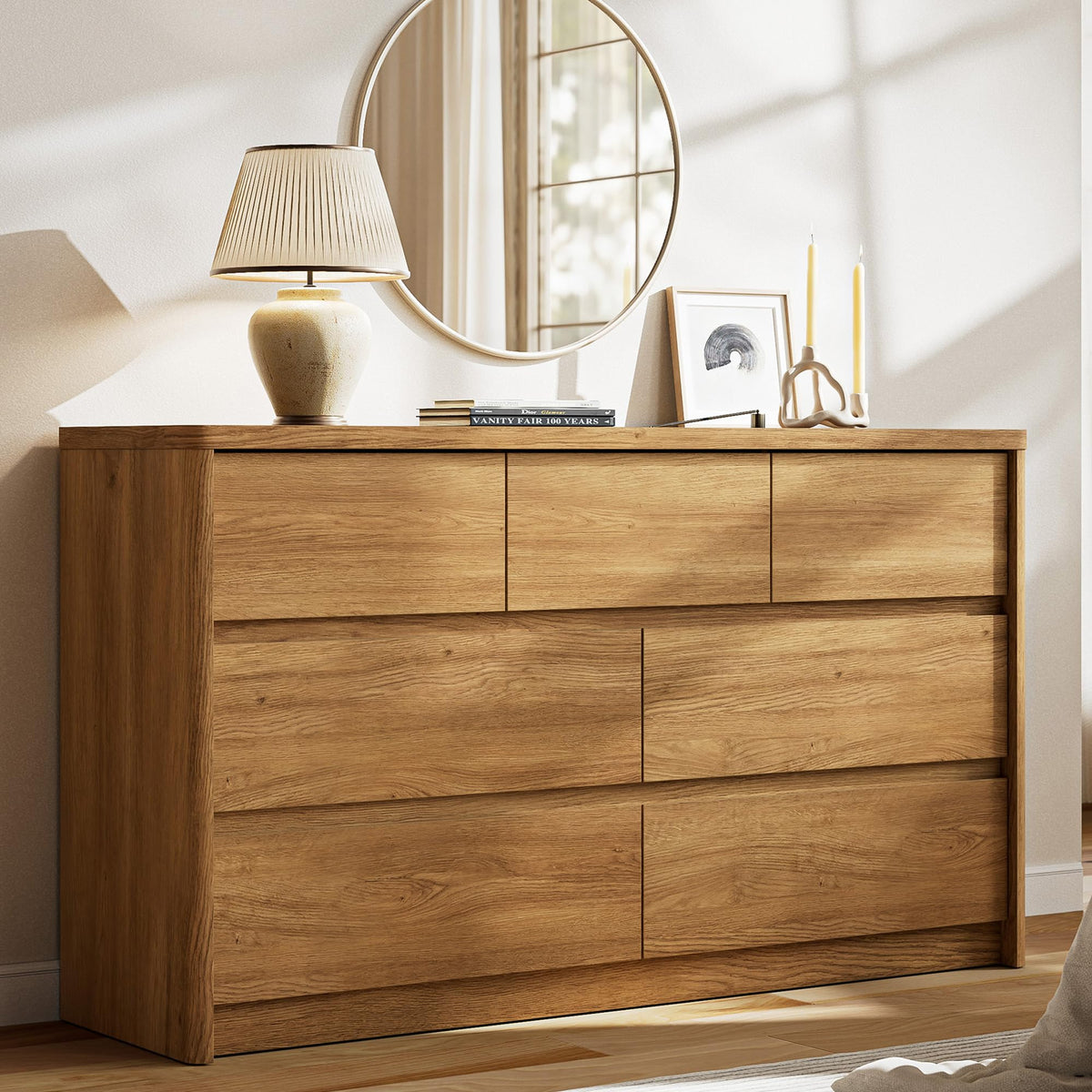 Walnut Dresser for Bedroom, 5 Drawer Dresser with Wood Legs, 47.2" Tall Wood Dresser, Mid Century Modern Chest of Drawers, Large Storage Bedroom Furniture, Walnut