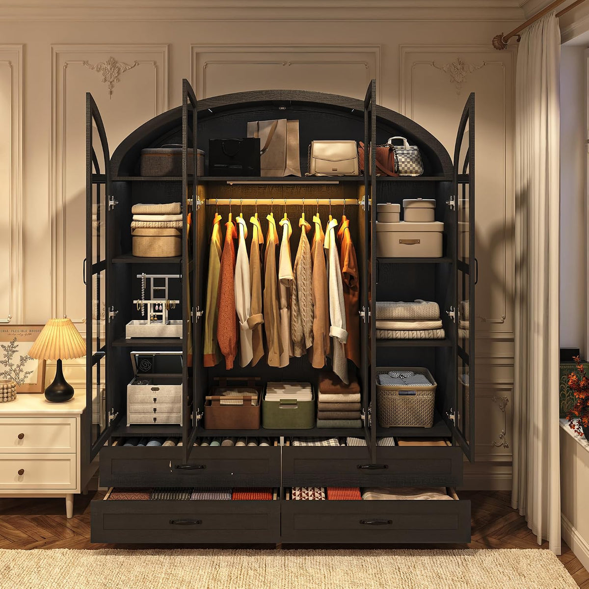 Squireewo 75" Arched Armoire Wardrobe Closet with Motion Sensor LED Light, 4 Windowpane Glass Doors and 4 Drawers, Large Wood Bedroom Storage Cabinet, Clothing Organizer with Anti-Tip Kit, Black