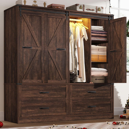 Farmhouse 3 Doors Armoire Wardrobe Closet w/Folding Sliding Barn Door and Lights, LED Armoire Closet w/Drawers for Bedroom, Freestanding Wooden Wardrobe Storage Closets w/Hanging Rod,Antique White