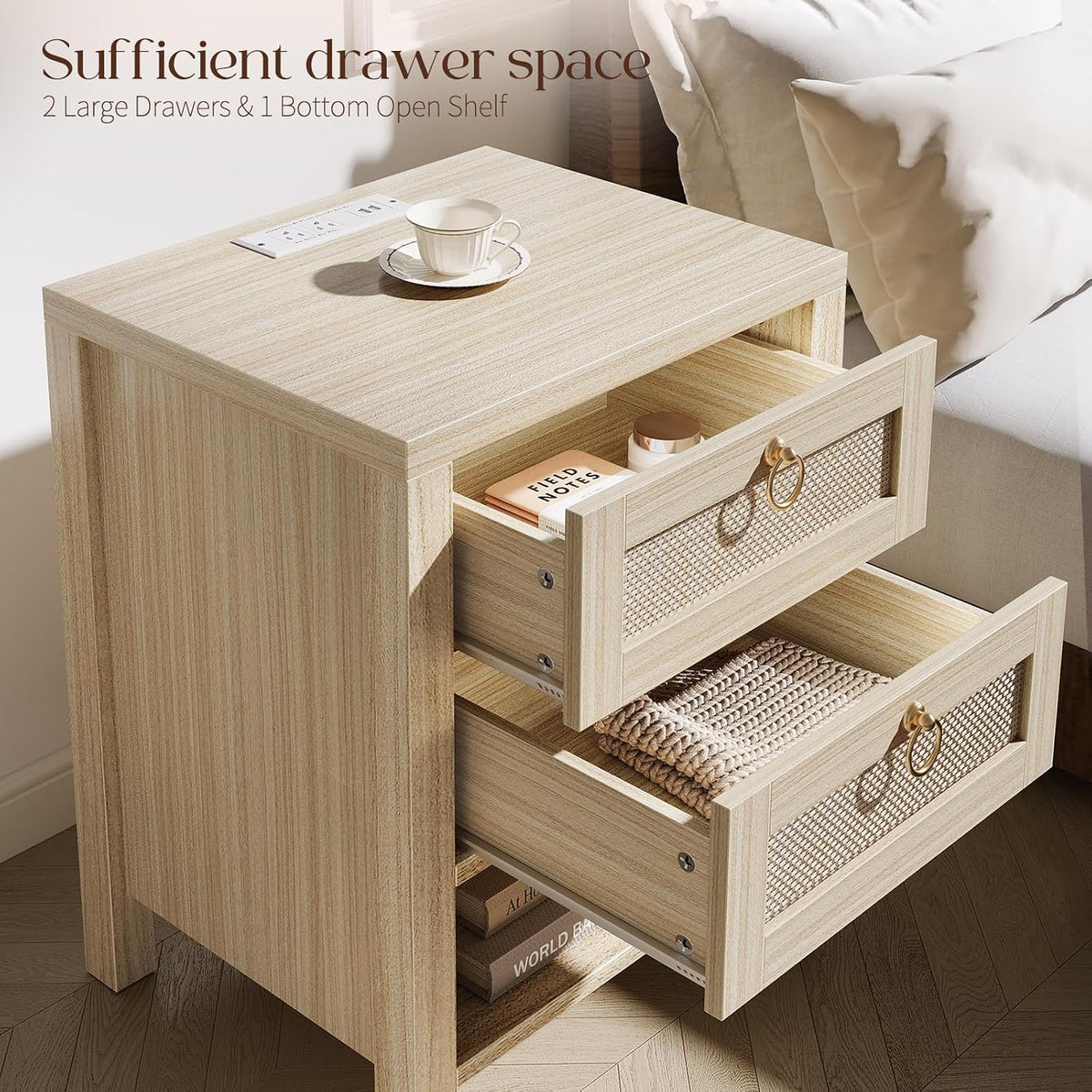 Rattan Nightstand with Charging Station - Boho Night Stand with 2 Drawers