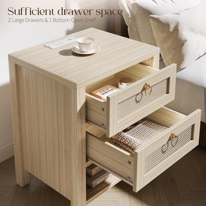 Rattan Nightstand with Charging Station - Boho Night Stand with 2 Drawers