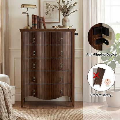 FUSUNBAO 5-Drawer 47" Tall Fluted Dresser, Vertical Chest of Drawers,Walnut