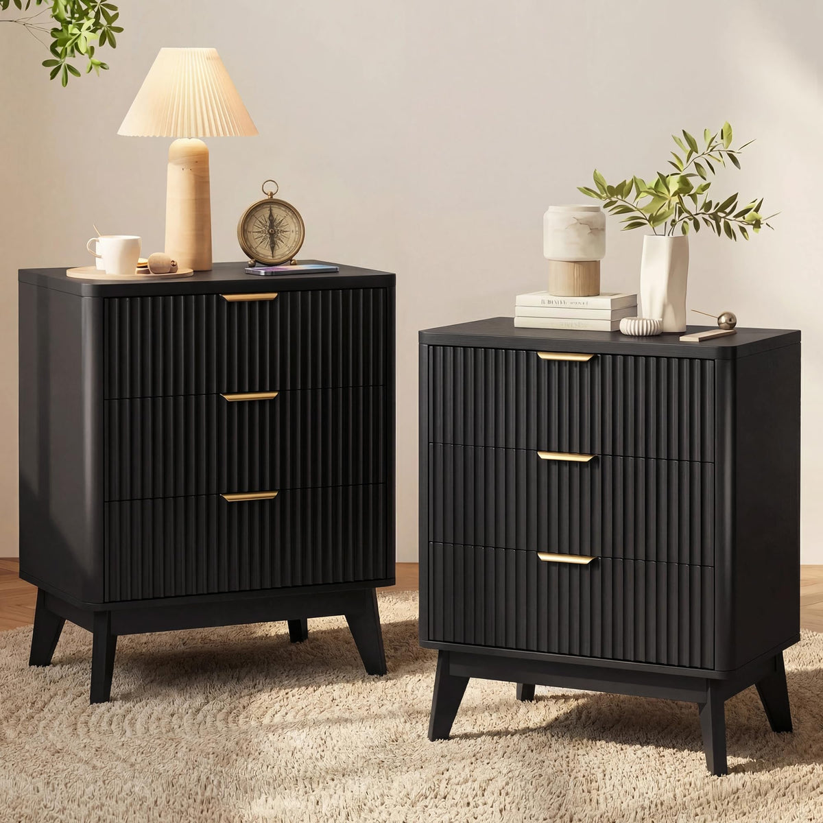 LYNCOHOME Fluted Nightstand with Charging Station, 19.7 inch Wide End Table with 2 Drawers, Modern Wood Bedside Table for Bedroom,Brown,1 Pcs