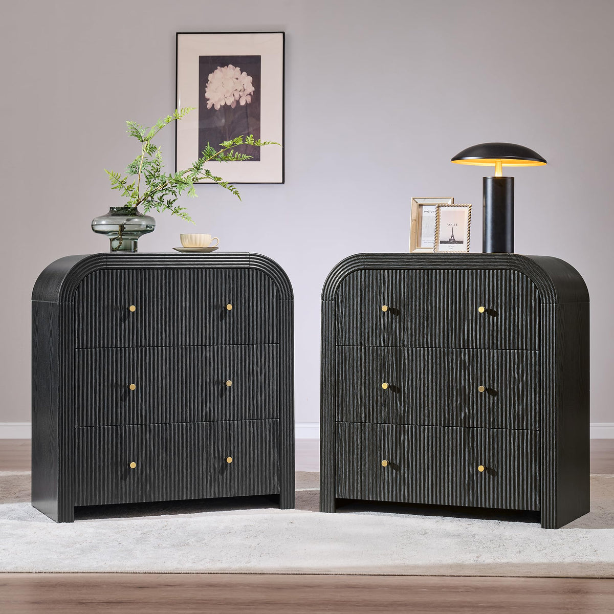 T4TREAM 24" Fluted Nightstand Set of 2 with Charging Station, Dark Walnut