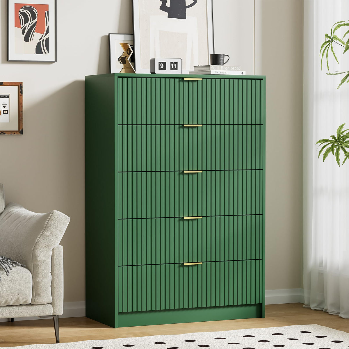 Furniway 55" Wide Green Dresser for Bedroom, Fluted 8 Drawer Dresser