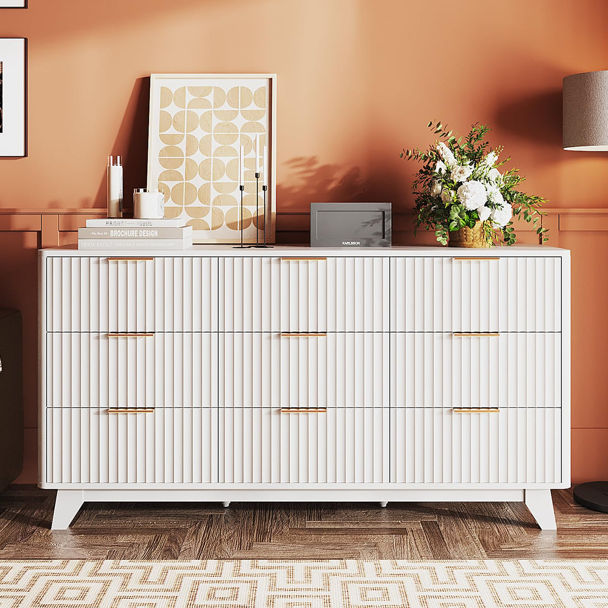 VINGLI Fluted Tall Dresser 5 Drawer, 23.66" W Chest of Drawers, Walnut Wood Dresser for Bedroom Mid Century Modern with Rounded Edge, 23.66" W*15.59" D*44.88" H